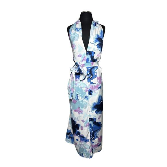 Banana Republic Halter Maxi Dress Blue Purple Watercolor Sz XL Backless Evening - Picture 3 of 13